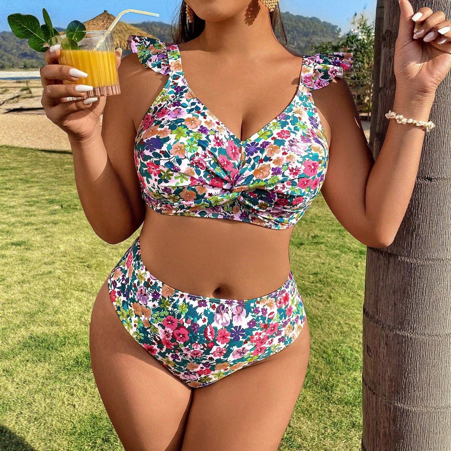 CL (L-4XL) 2026 floral Flappy push up sexy split bikini swimsuit