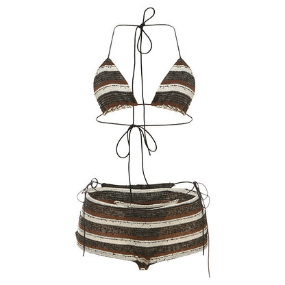 SXR spring/summer fashion halter lace-up striped bikini three-piece suit