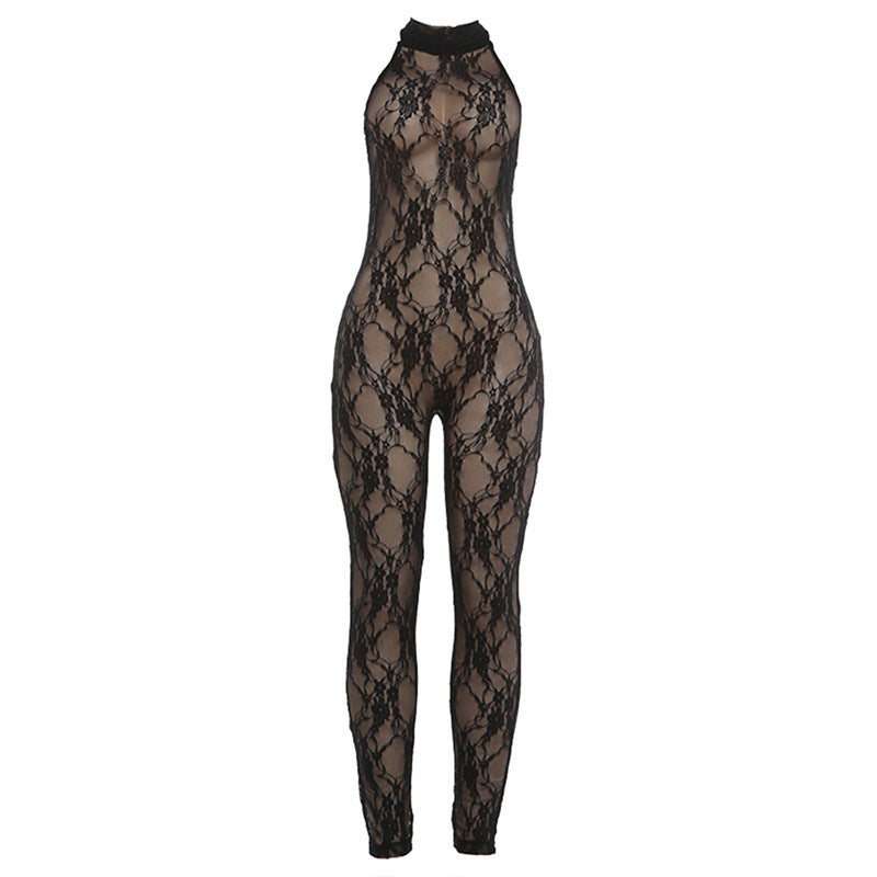 DLS lace halter backless skinny hip raise jumpsuit