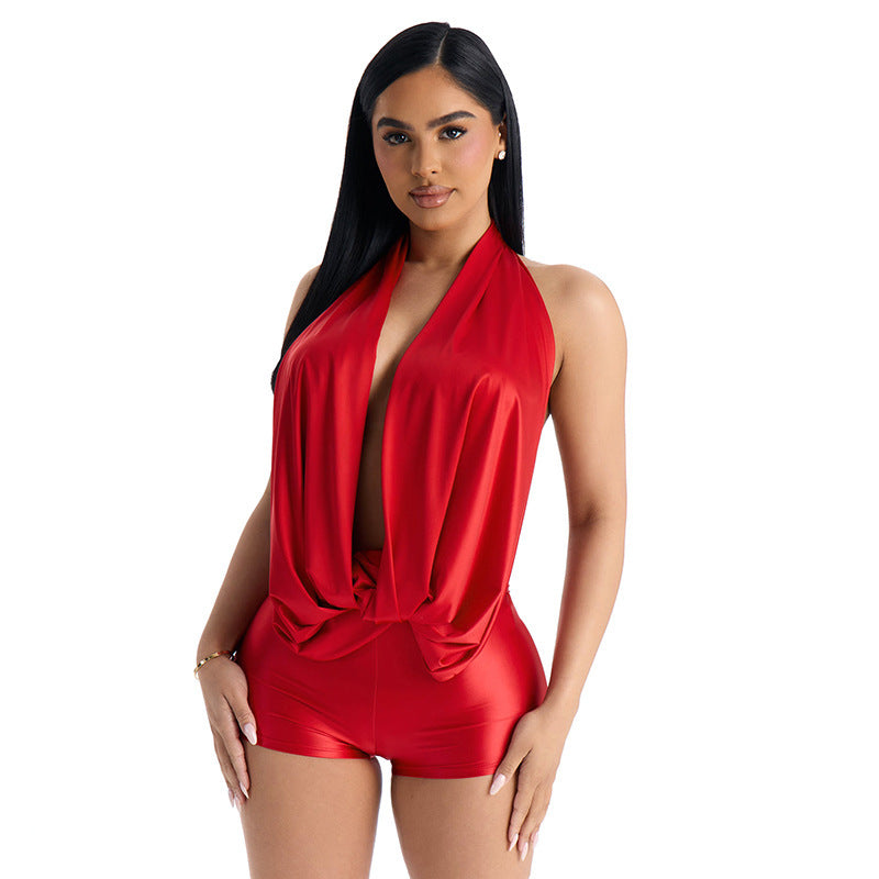 DZHT J26RP134 summer pure color halter draped backless lace-up one-piece shorts