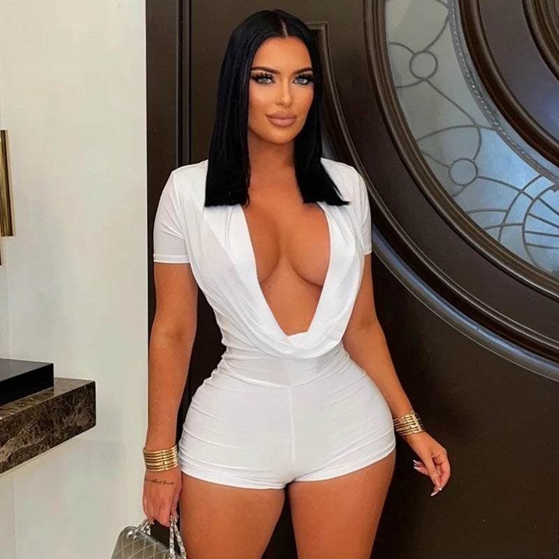 DZHT D25RP581 deep V swing collar short sleeve tight one-piece shorts