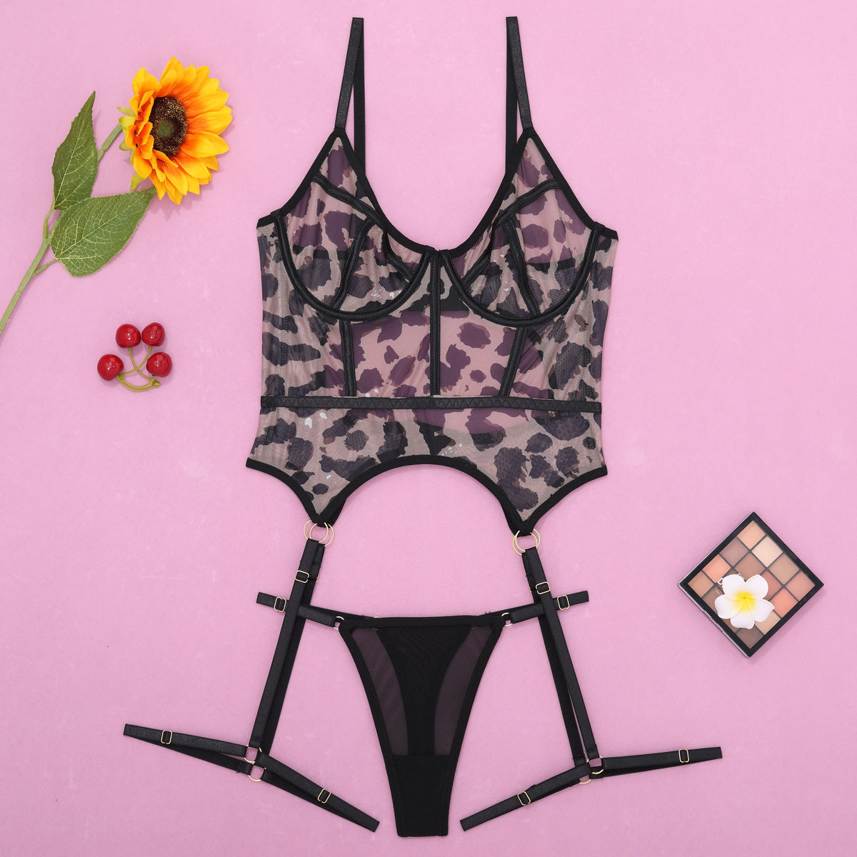 Sexy lingerie bra steel bracket mesh floral print leopard print with garter buckle two-piece set 1843