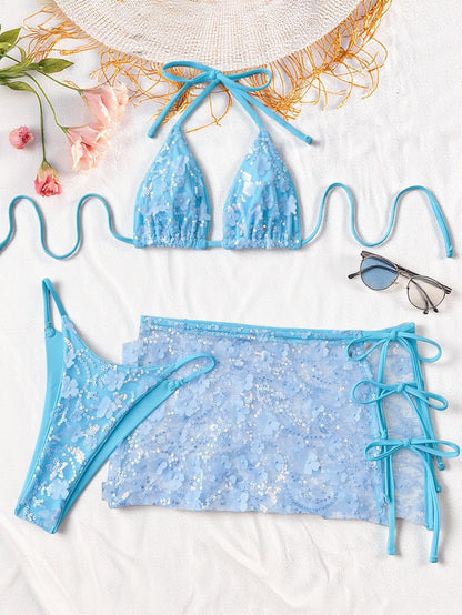 Bikini three piece swimsuit sequined swimsuit women strap match sets 6802