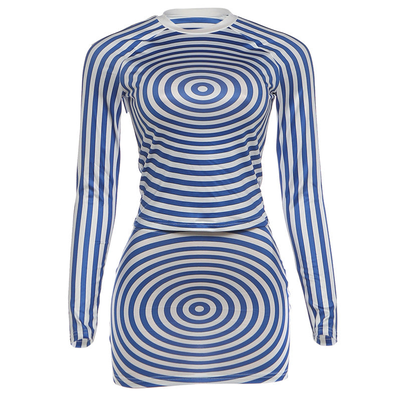 DLS summer round neck long sleeve top low waist hip-wrapped skirt outfit
