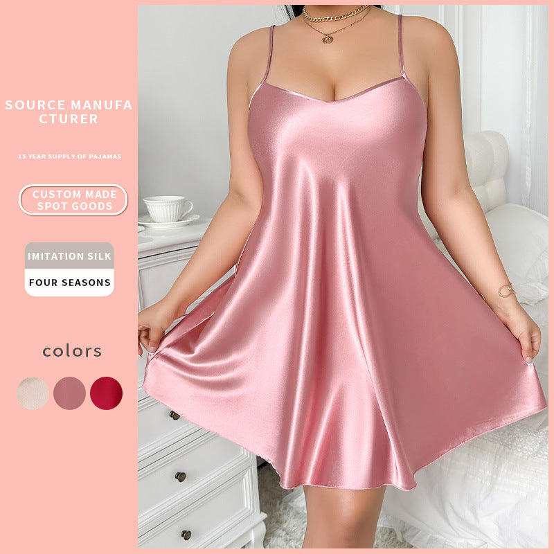 DNL silk-like loose and comfortable see-through plus size sexy strap pajamas nightdress backless slip dress