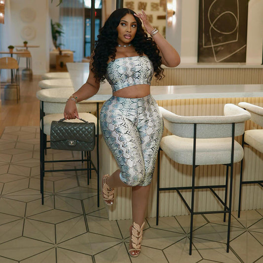 DZHT C26ST112 summer snake print tube top tight cropped pants two-piece suit
