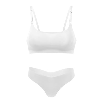 Seamless thin large size underwear set small breast size exaggerating bra T-shaped beauty back adjustable wireless bra