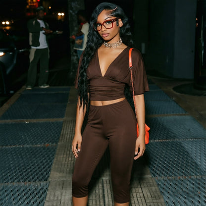 DZHT J26ST224V collar pleated half sleeve top tight cropped pants two-piece suit
