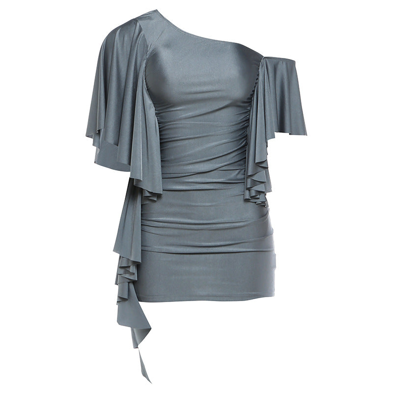 SXR K6D06712A ruffled sexy diagonal collar off-the-shoulder slim sheath dress
