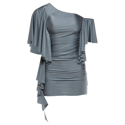 SXR K6D06712A ruffled sexy diagonal collar off-the-shoulder slim sheath dress