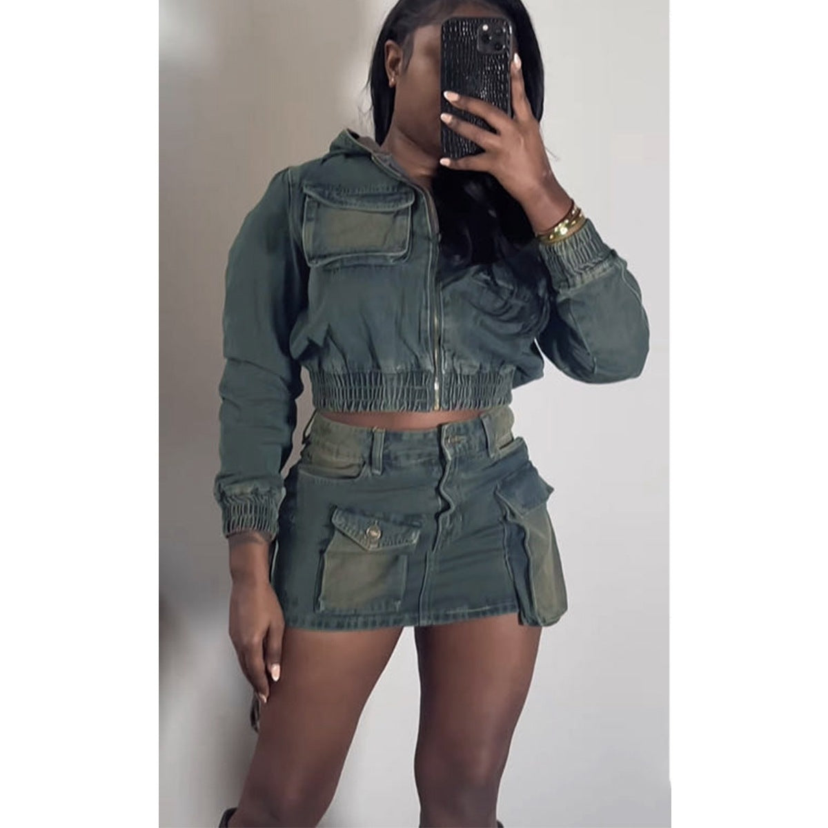 MZ (S-2XL) MZ88594 stretch denim hooded suit skirt suit