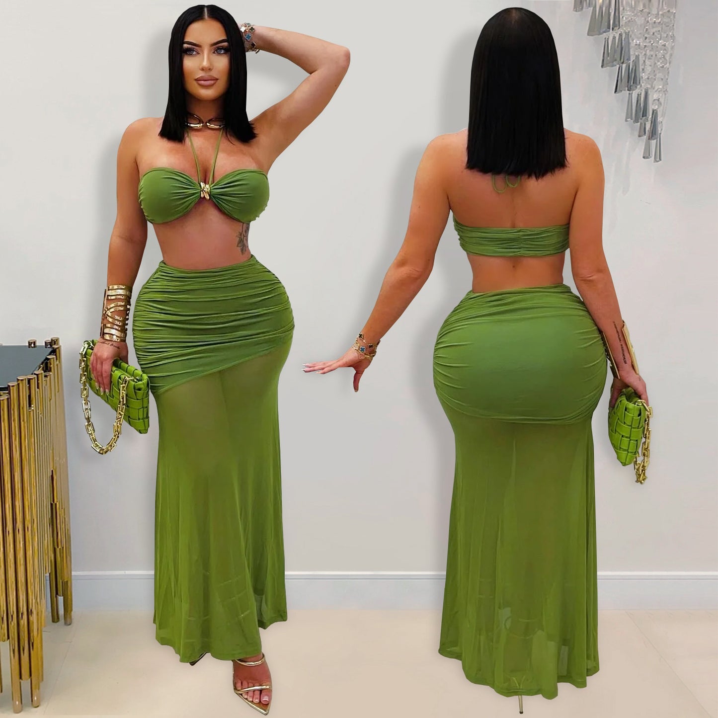 XYZ C7456 tube top arm covering pleated mesh long dress