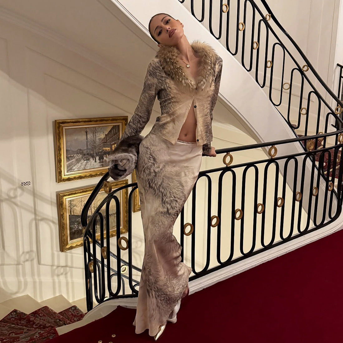 SXR autumn and winter V-neck fur collar long sleeve cardigan high waist sheath skirt suit