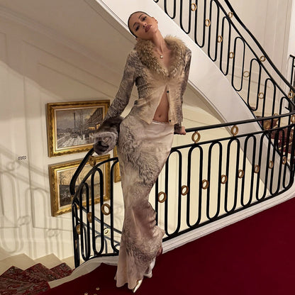 SXR autumn and winter V-neck fur collar long sleeve cardigan high waist sheath skirt suit