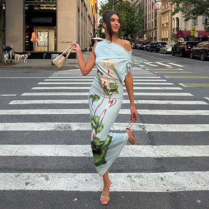 DLS summer crossbody collar waist slimming printed sheath dress