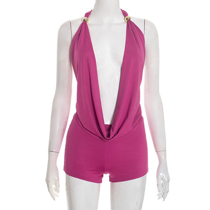 DZHT D25ST560 swing collar halter bare back tied top shorts two-piece suit