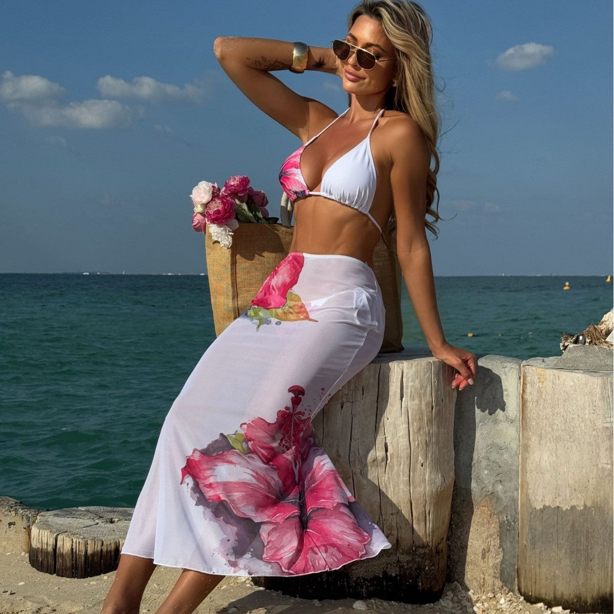 (4 days ready to ship) SY customized printing large floral three-piece set mesh long dress bikini