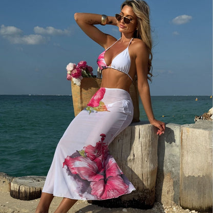 (4 days ready to ship) SY customized printing large floral three-piece set mesh long dress bikini