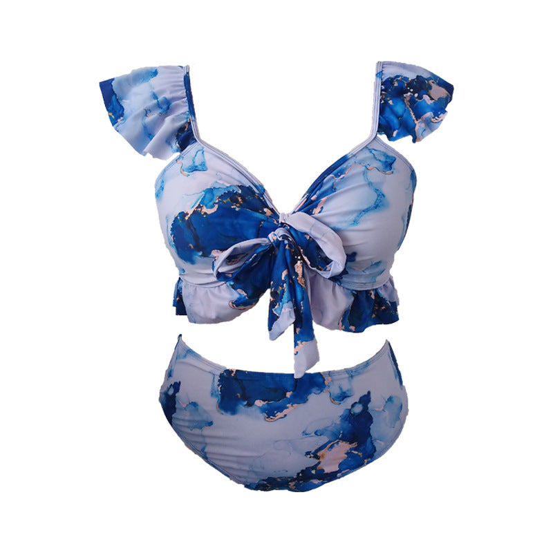 LF (L-4XL) women's split color printing swimsuit plus size