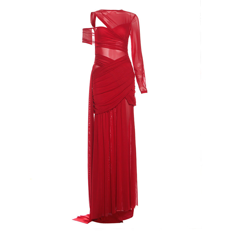 SXR autumn see-through off-the-shoulder irregular ribbon solid color dress