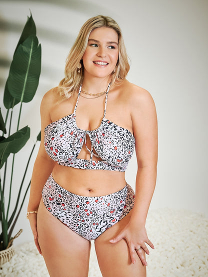 LF (L-4XL) women's split color printing swimsuit plus size