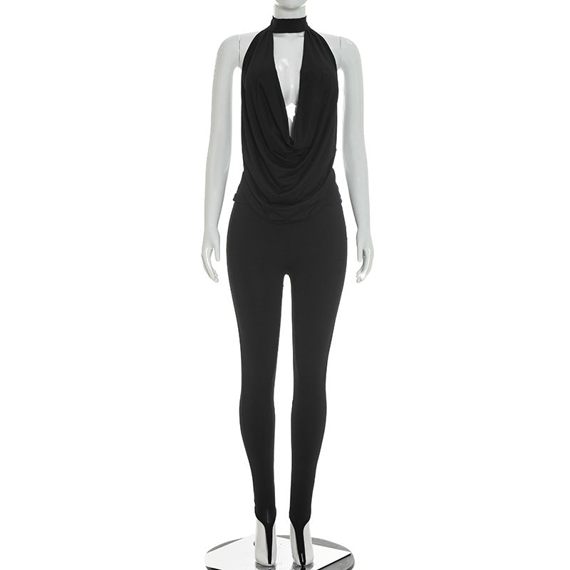DZHT J26ST020 halter backless lace-up swing collar top toe ring pants two-piece suit