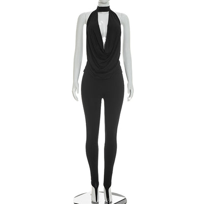 DZHT J26ST020 halter backless lace-up swing collar top toe ring pants two-piece suit