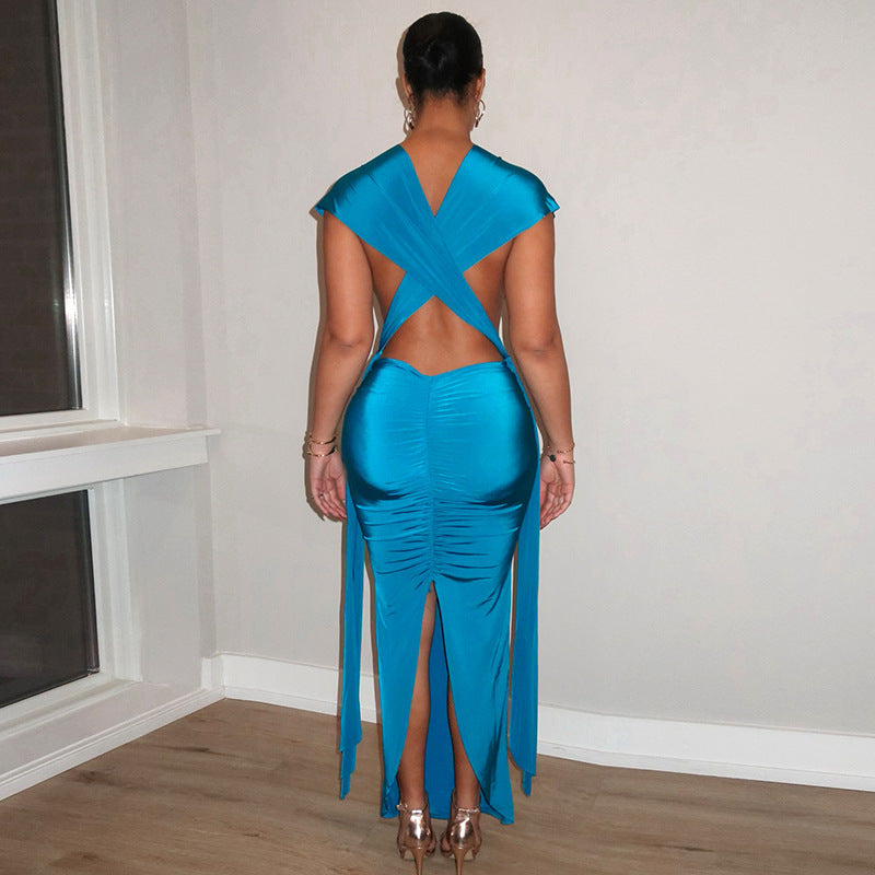 DZHT C25DS453 fashion hollowed-out pleating slit sleeveless ribbon dress