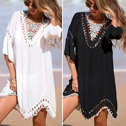 CYB color V-neck hand crocheting stitching irregular skirt mid-length sleeve backless lace up blouse