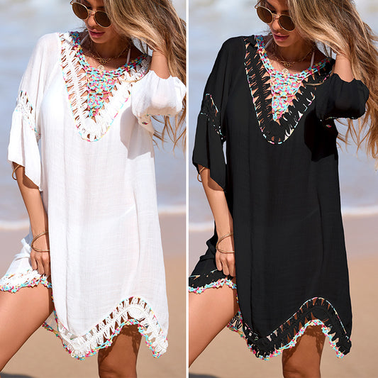 CYB color V-neck hand crocheting stitching irregular skirt mid-length sleeve backless lace up blouse