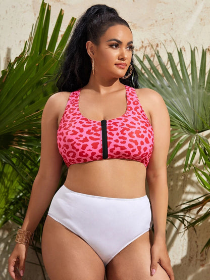 LF (L-4XL) leopard print multicolor zipper swimsuit women's top sexy plus size