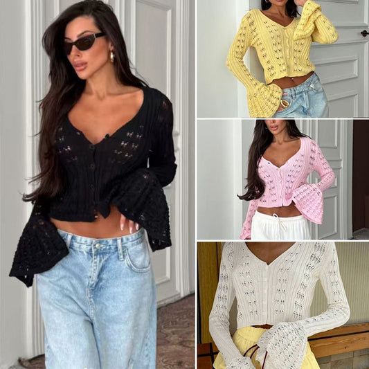 CYB knitted cardigan long sleeve V-neck French bell sleeve blouse