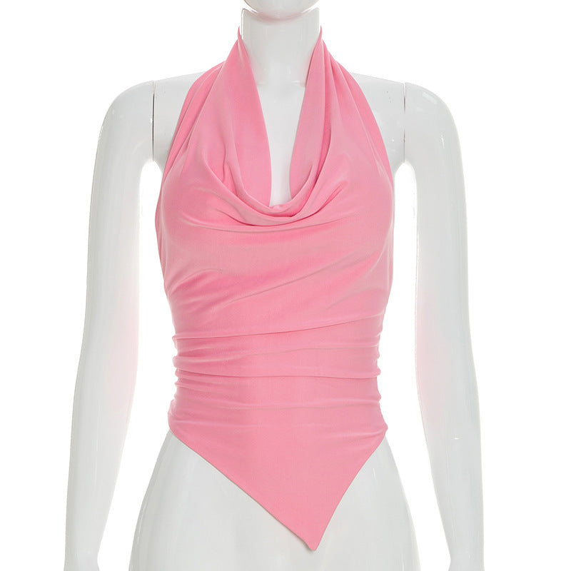 DZHT J26TP103 spring/summer draped backless halter tied spaghetti-strap top