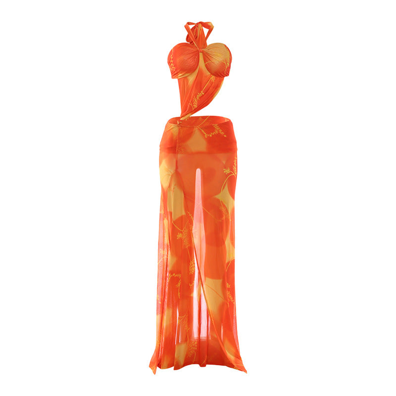 DLS Spring sling personality stitching mesh see-through sexy slit dress