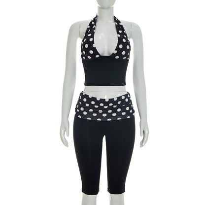 DZHT J26ST130 stitching dotted prints halter spaghetti straps pleated waist cropped pants two-piece suit