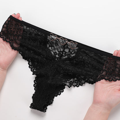 Sexy lace see-through plus size T-type pants metal buckle cotton crotch T-back