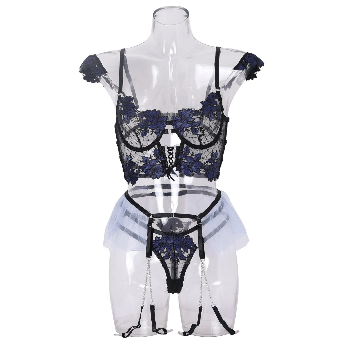 Jing sexy lingerie embroidery cute flowers metal lanyard three-piece set 1609