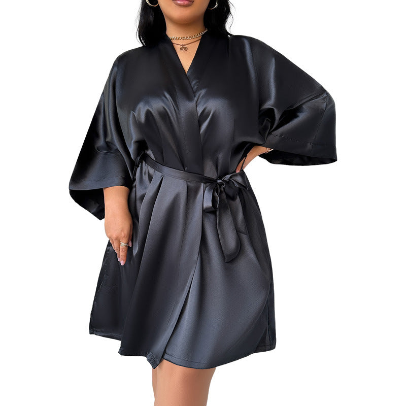 DNL plus size bathrobe lace-up nightgown mid-length Ice Silk