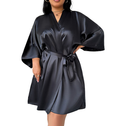 DNL plus size bathrobe lace-up nightgown mid-length Ice Silk