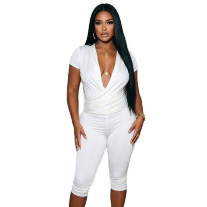 DZHT J26ST316 fall V-neck cross pleated wrap short sleeve cropped pants suit
