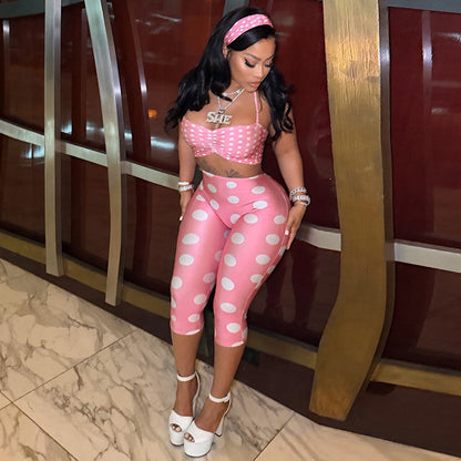DZHT Q26ST076 halter spaghetti straps tight cropped pants polka dot print hair band three-piece suit