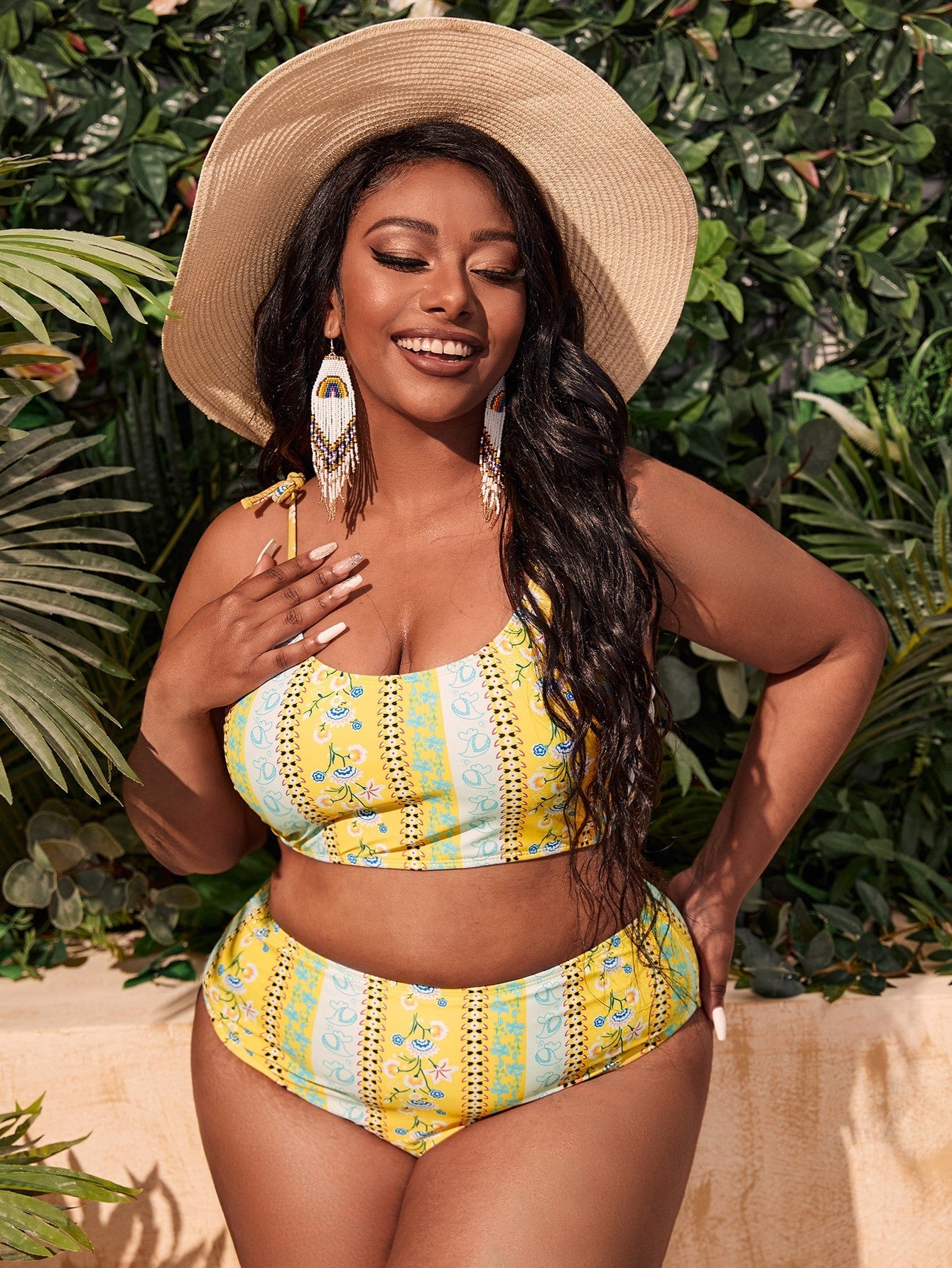 LF (L-4XL) women's split color printing swimsuit plus size