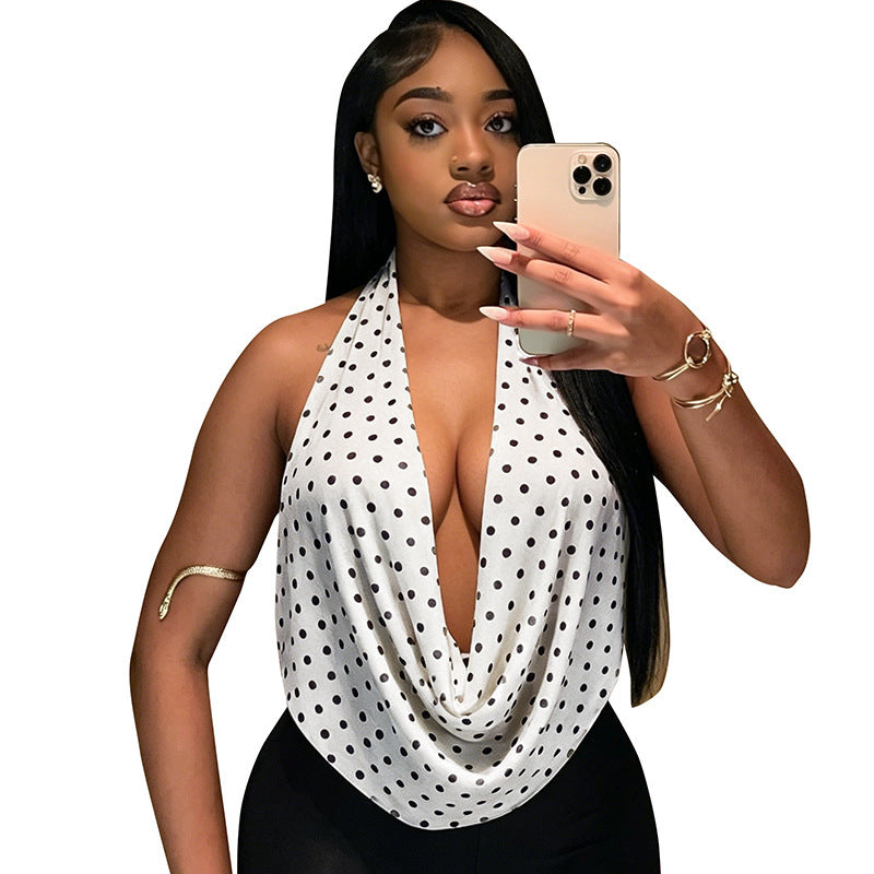 DZHT D26TP190 polka dot print halter swing collar backless rope top