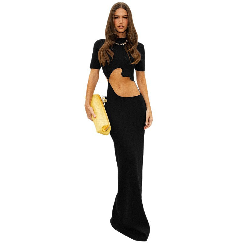DLS Spring round neck sexy hollow-out elegant slim-fit short-sleeved dress