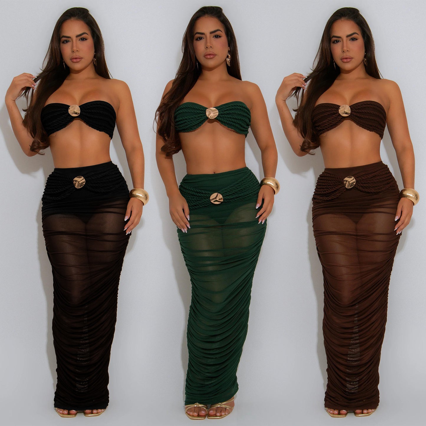 XYZ C7529 tube top see-through mesh long dress two-piece set