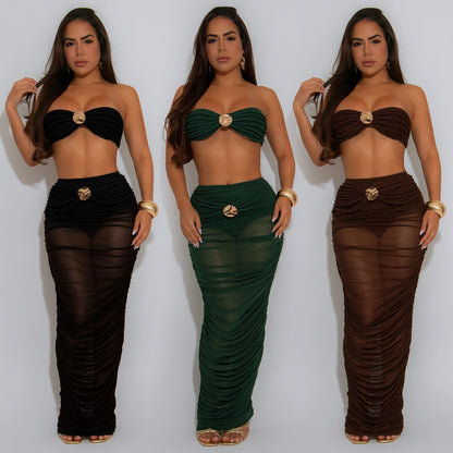 XYZ C7529 tube top see-through mesh long dress two-piece set