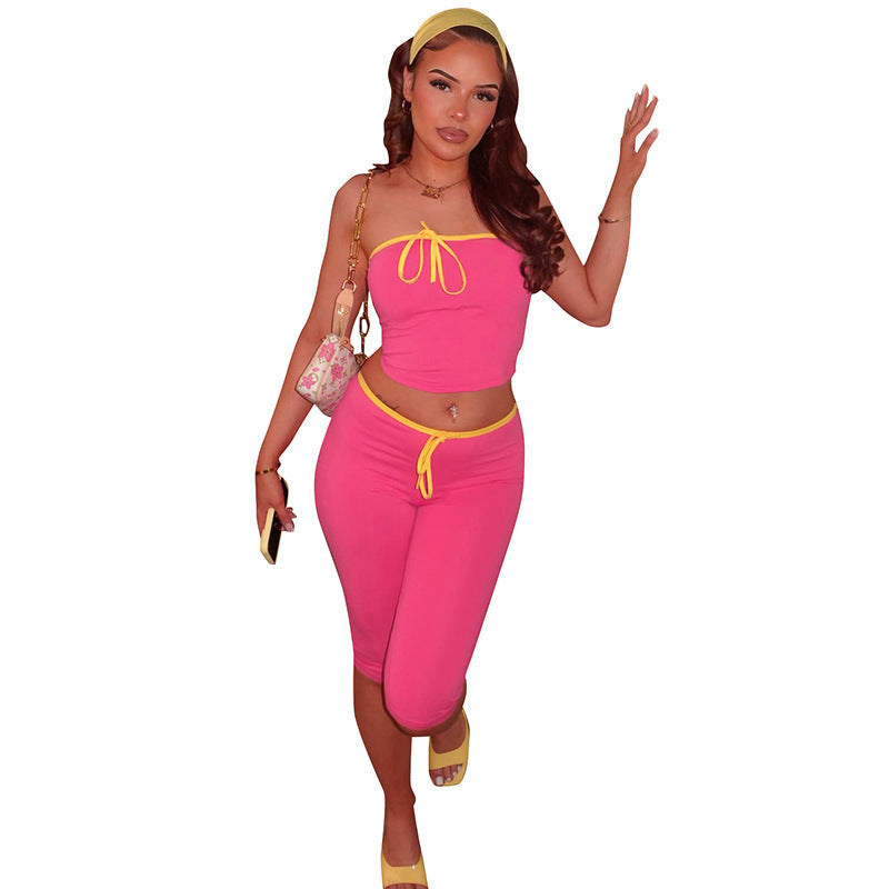 DZHT Q26ST074 sleeveless midriff-baring tube top tight cropped pants contrast color suit