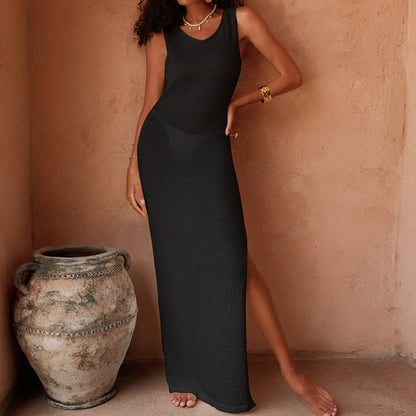 CYB side slit hot and spicy two-way dress spaghetti straps knitted beach cover-up