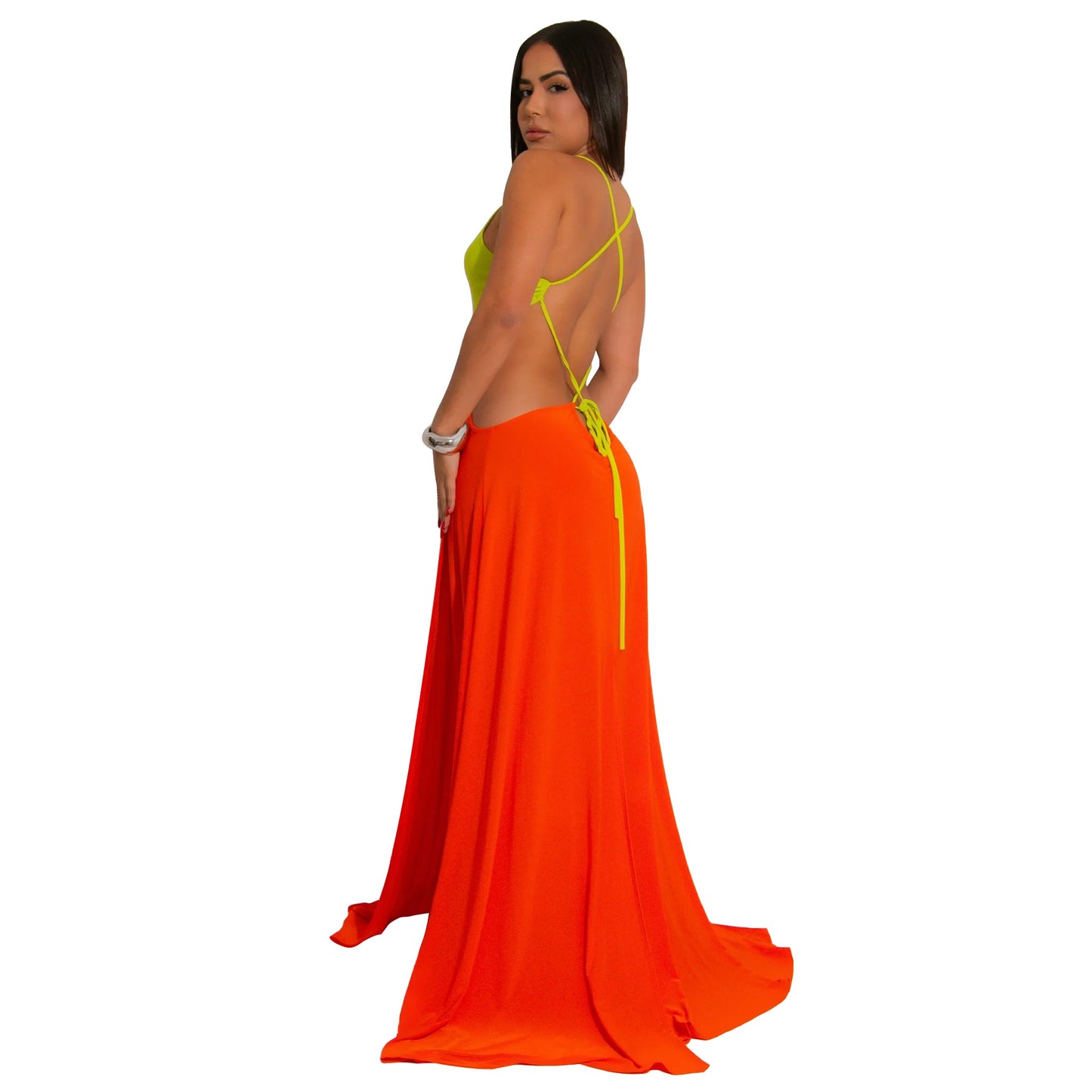 MYF (S-2XL) 20194 European back high slit contrasting-color dress