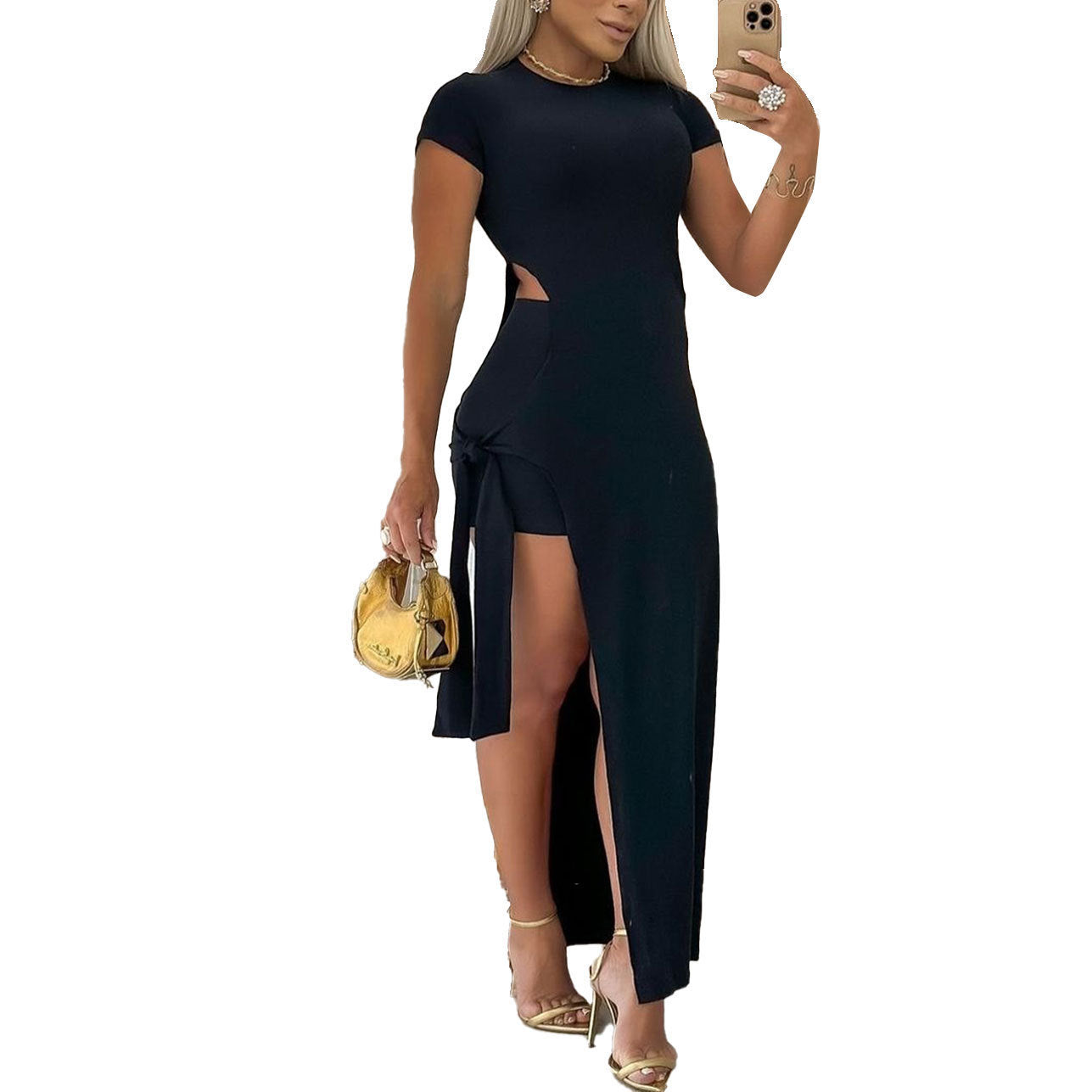 GY (S-3XL) S10757 hollow-out tight split lace-up midi dress two-piece set